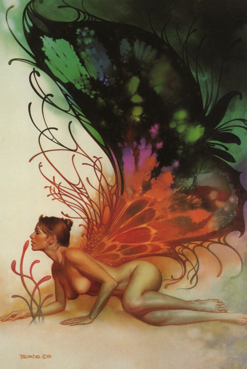 Winged fairy crawling beside red plant, signed Boris 1981 — historic image