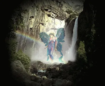 Winged fairy in a waterfall canyon with rainbow