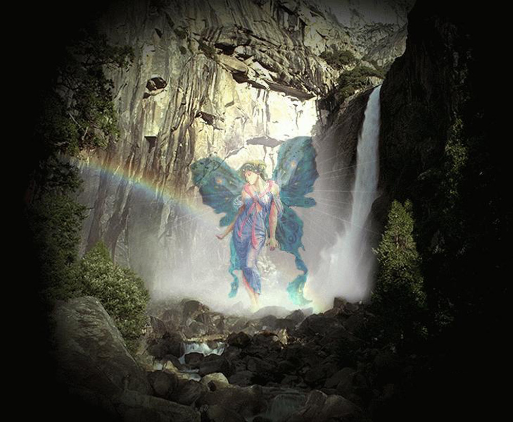 Winged fairy in a waterfall canyon with rainbow — historic image
