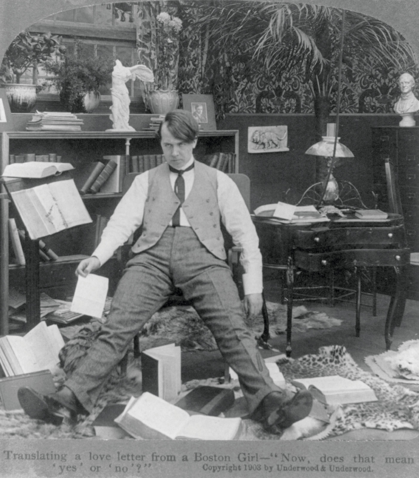 Translating a Love Letter from a Boston Girl--Now Does That Mean Yes or No?" Underwood & Underwood, 1903 — historic photograph