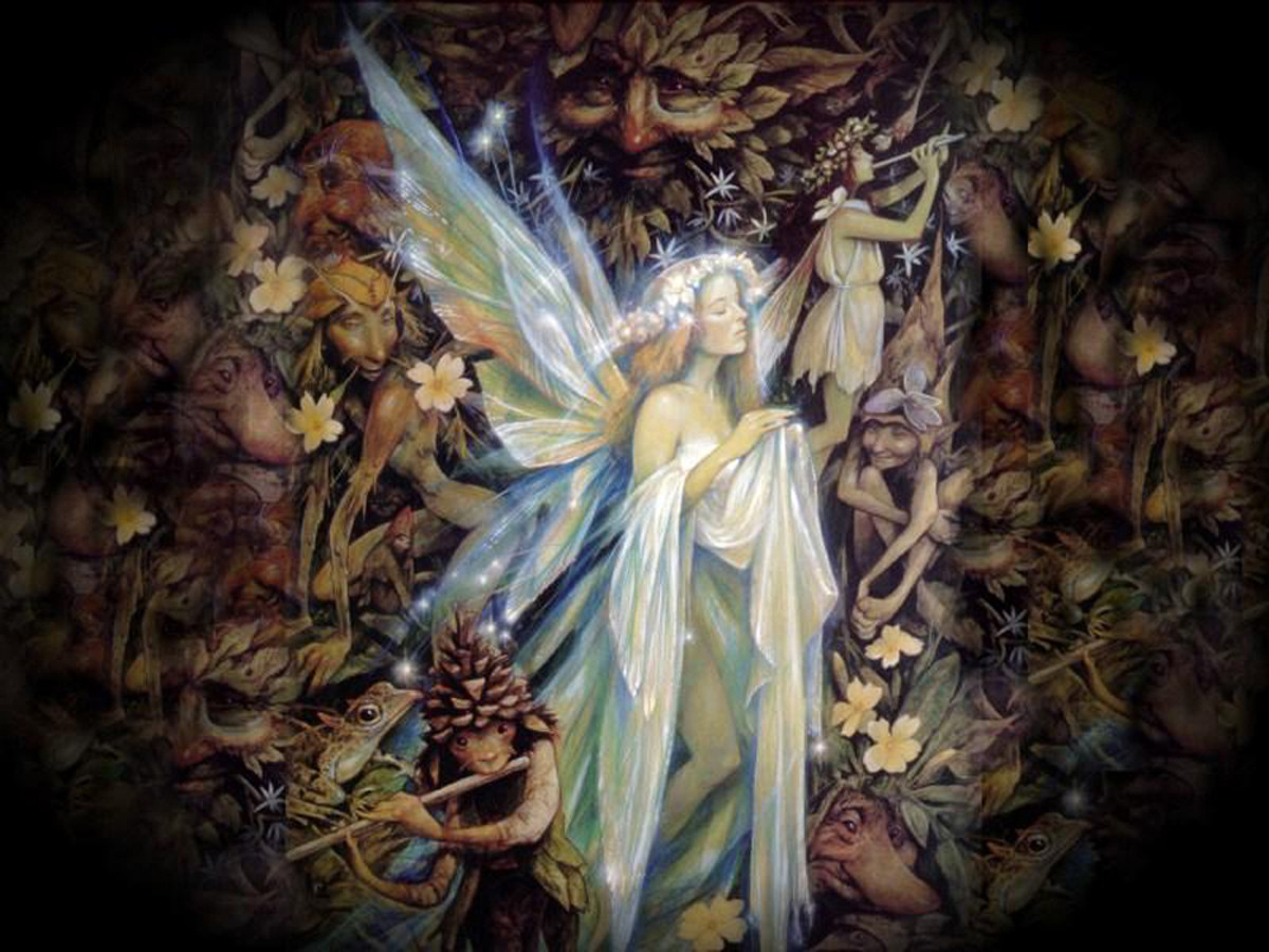 Winged fairy surrounded by forest creatures and flowers — historic image