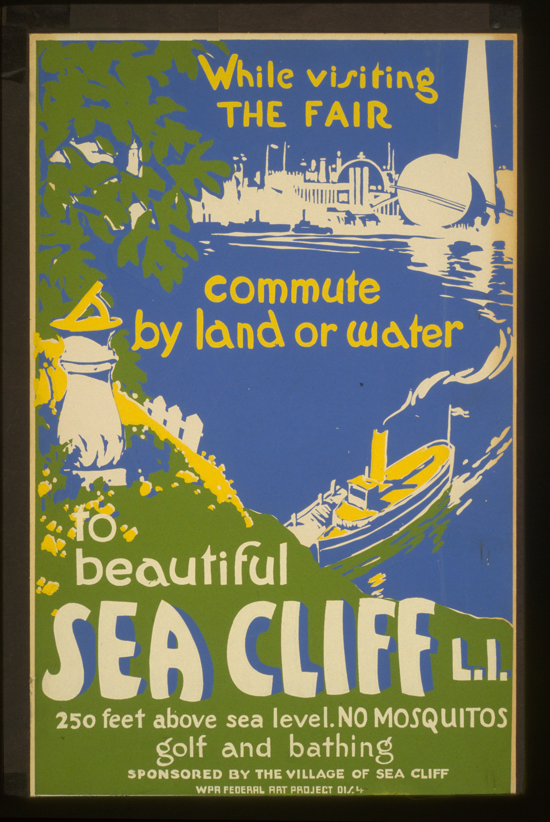 While visiting the Fair commute by land or water to beautiful Sea Cliff L.I. 250 feet, 1938 — vintage poster