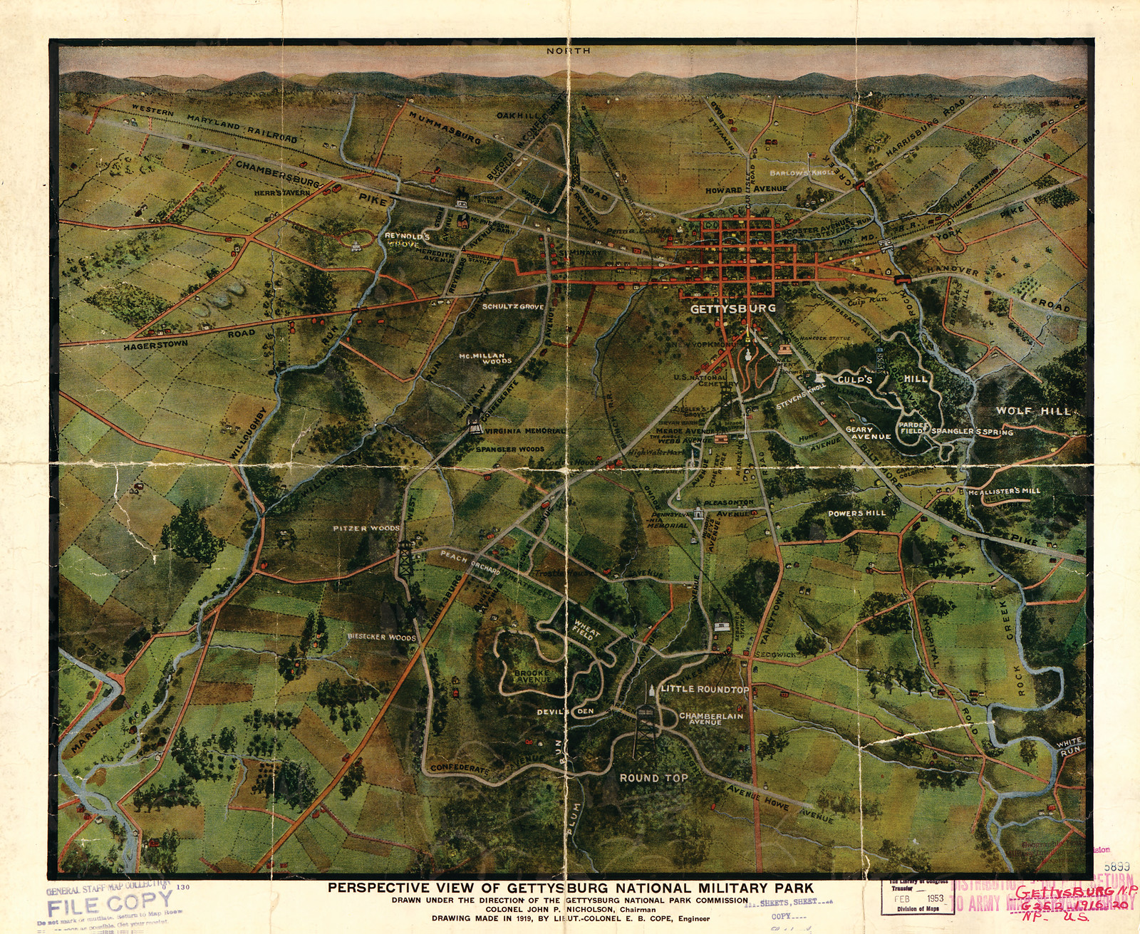 Perspective View of Gettysburg National Military Park, 1953 — historic image