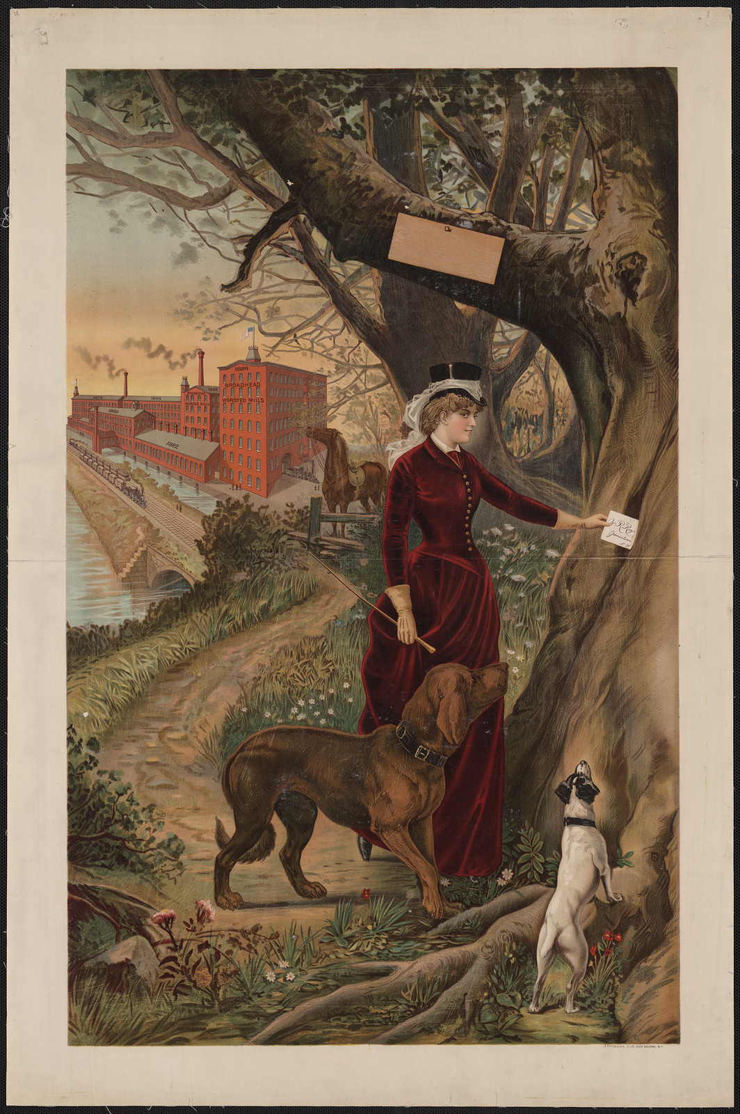 Woman in red dress with dogs by factory — historic image