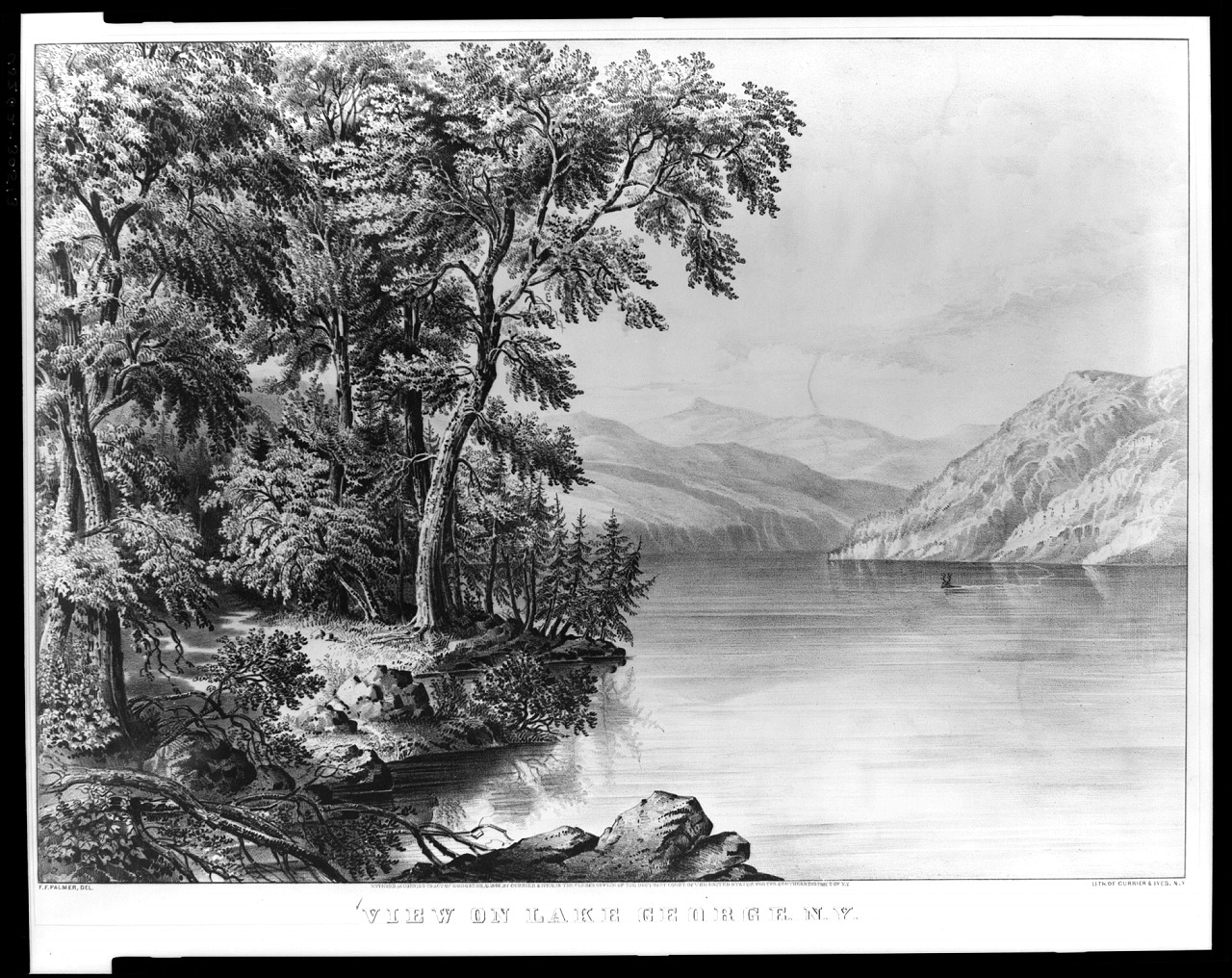 View on Lake George, N.Y. / F.F. Palmer del. ; lith. of Currier & Ives, N.Y., New York : Published by Currier & Ives, c1866. — antique lithograph