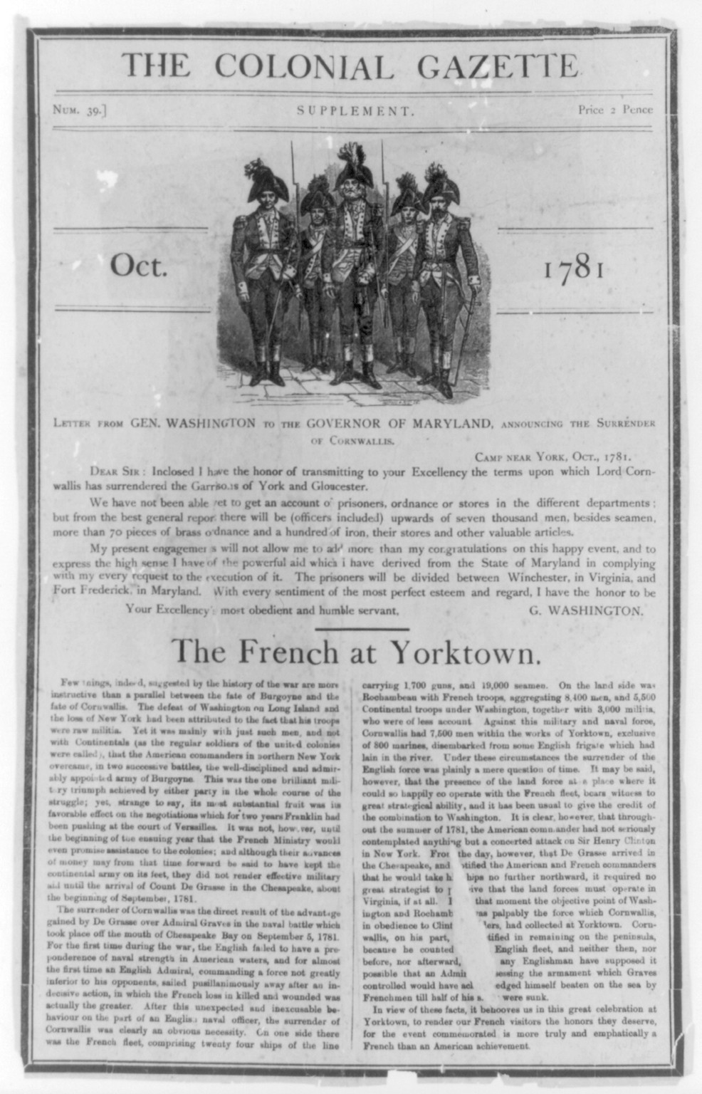 The Colonial Gazette. Oct. 1781. Supplement Num. 39. Letter from Gen. Washington to the Governor of Maryland, announcing the surrender of Cornwallis — historic print