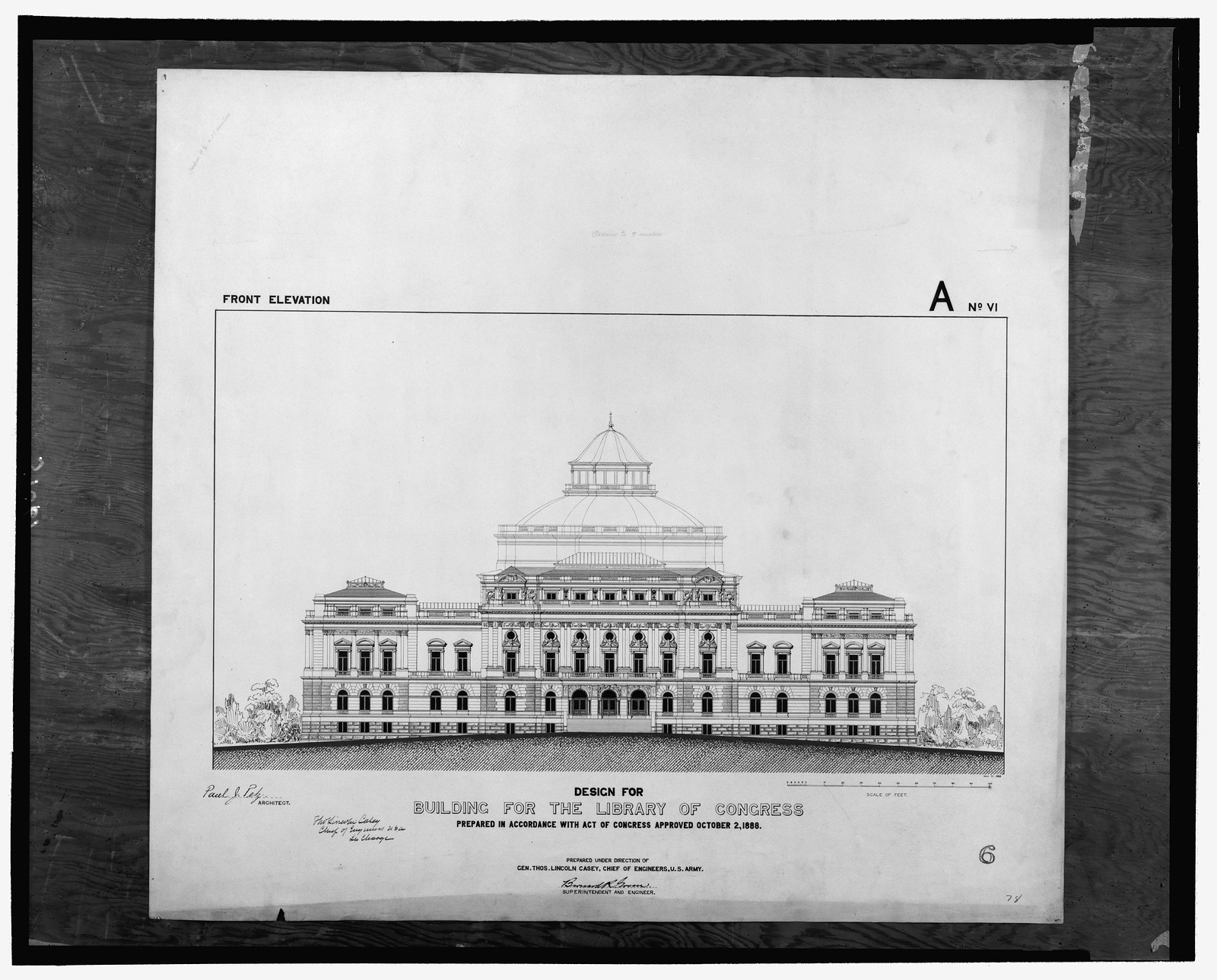[Library of Congress, Washington, D.C. Front elevation, A series], and Engineering (ADE) Drawings" (http://www.loc.gov/rr/print/res/103_ade.html)." — historic drawing