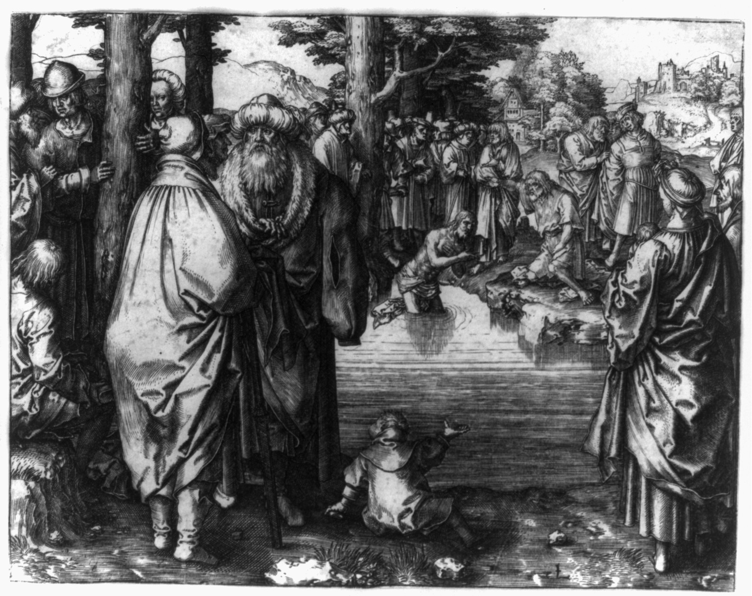 The Baptism of Chirst in the Jordan, 1510 — antique engraving