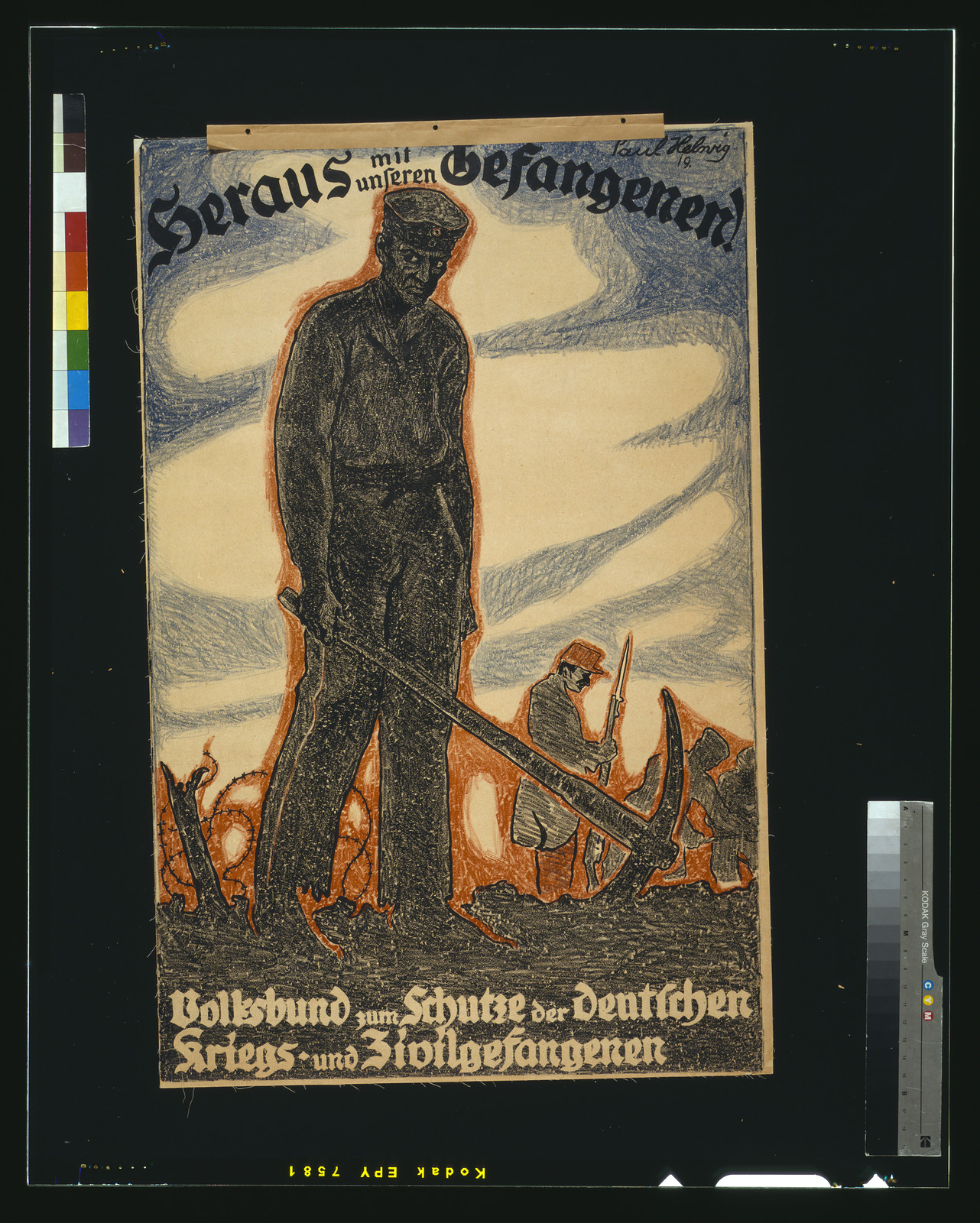 Heraus mit unseren Gefangenen! Volksbund zum Schutze der deutschen Kriegs- und Zivil-gefangenen / Paul Helwig 19., 1919 — vintage poster
