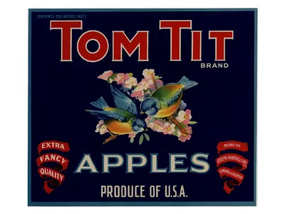 Tom Tit Brand Apples crate label, Produce of U.S.A.