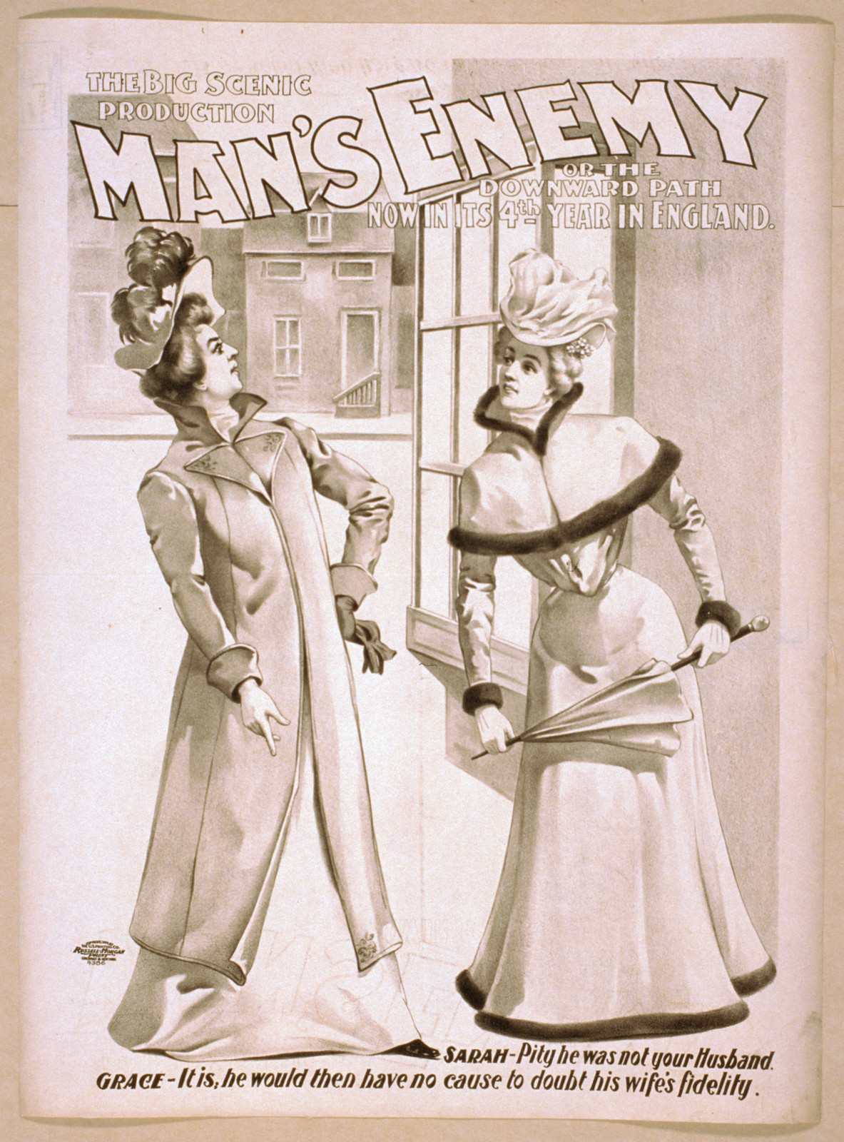 The big scenic production Mans enemy or The downward path now in its 4th year in England., 1900 — vintage poster