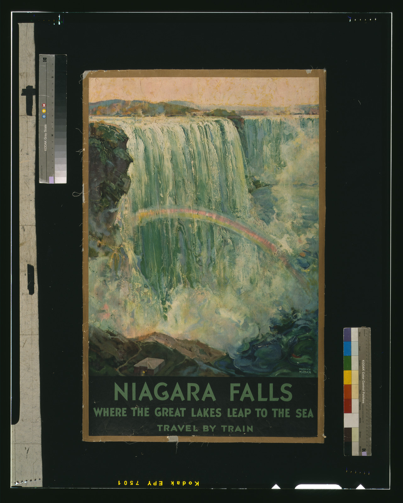 Niagara Falls, where the Great Lakes leap to the sea. Travel by train / Fredric C. Madan., Long Island City, N.Y. : Latham Litho. & Ptg. Co., [ca. 1925] — vintage poster