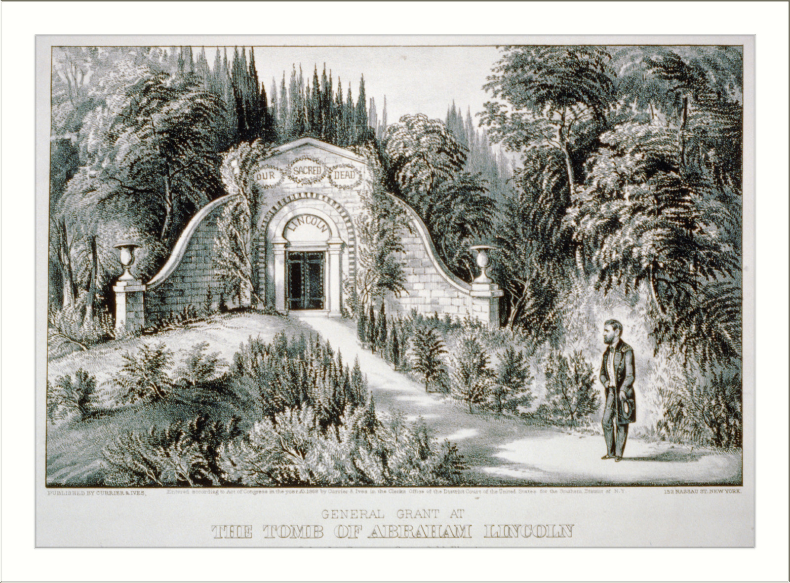 General Grant at the tomb of Abraham Lincoln: Oak Ridge cemetery Springfield, Illinois, New York : Published by Currier & Ives, c1868. — antique lithograph