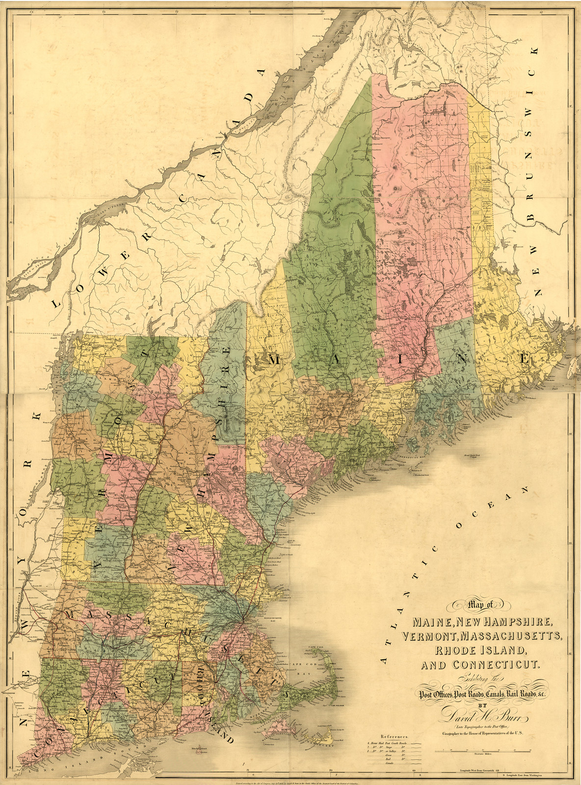New England 1839, Massachusetts — antique map