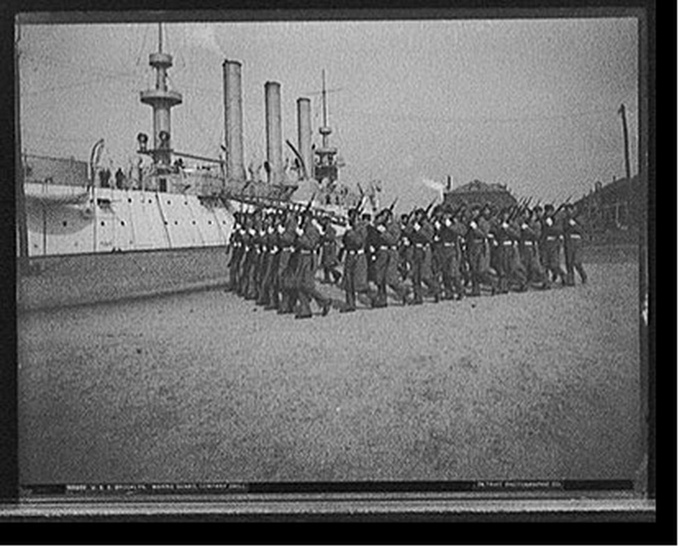 U.S.S. Brooklyn, Marine guard company drill, [1897?] — historic photograph