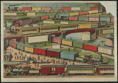 Lithograph of trains, cars and a railroad depot scene