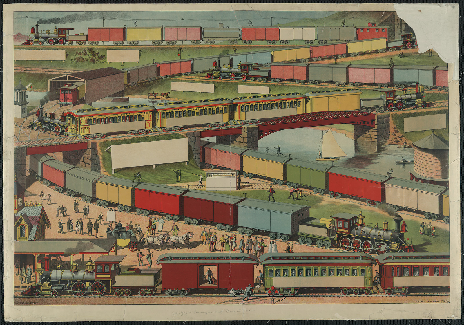 Lithograph of trains, cars and a railroad depot scene — antique lithograph