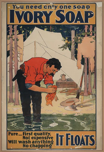 Ivory Soap advertising poster: man washing shirt at camp