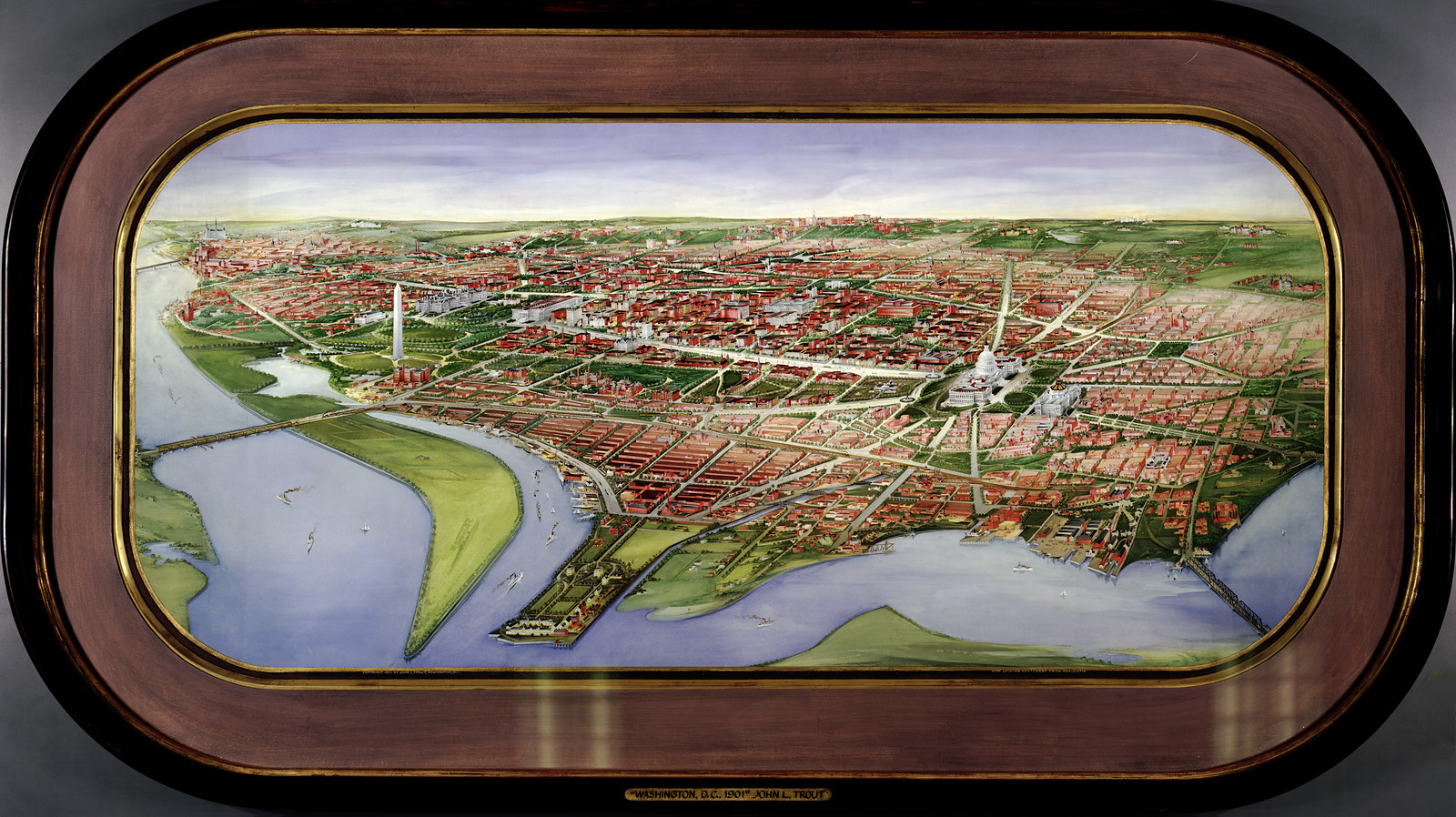 Bird's-eye panoramic view of Washington, D.C., framed — historic image