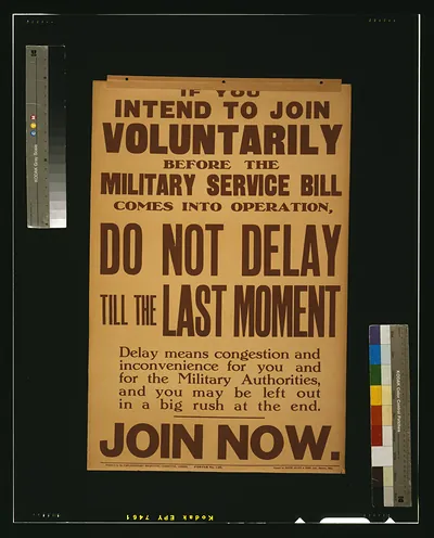 If you intend to join voluntarily before the military service bill comes into operation, do not delay until the last moment [...] Join now / printed by David Allen & Sons, Ltd., Harrow, Mdx.