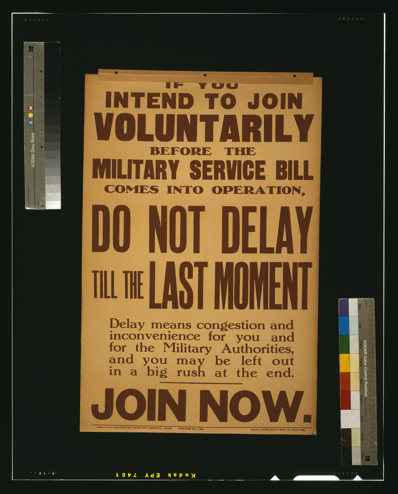 If you intend to join voluntarily before the military service bill comes into operation, do not delay until the last moment [...] Join now / printed by David Allen & Sons, Ltd., Harrow, Mdx., London : Parliamentary Recruiting Committee, [1916] — vintage poster
