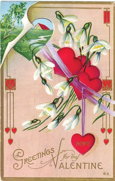 Greetings for my Valentine with snowdrops and red hearts