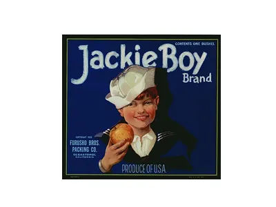 Jackie Boy Brand fruit crate label with smiling boy