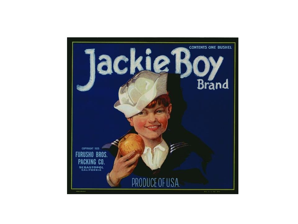 Jackie Boy Brand fruit crate label with smiling boy — historic image