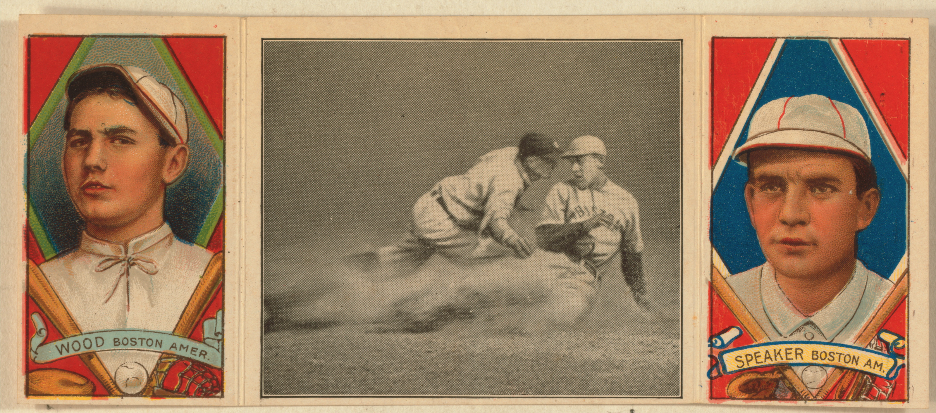 Baseball card panel: Wood and Speaker, Boston American, with sliding play — historic image