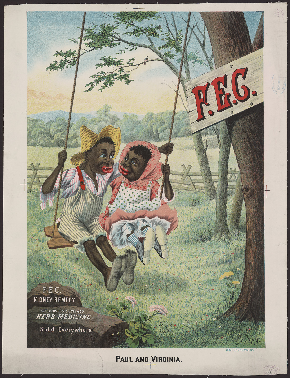 F.E.G. Kidney Remedy advertisement: children on a swing, Paul and Virginia — historic image