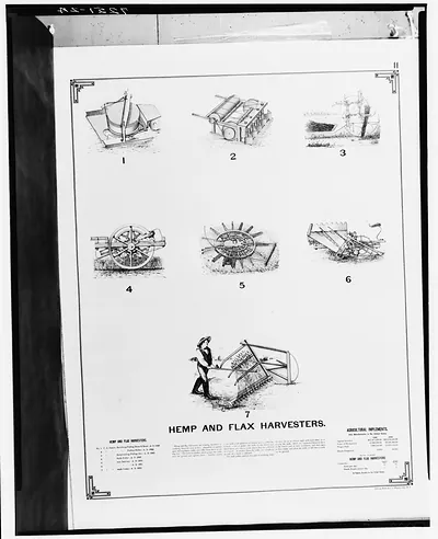 Hemp and Flax Harvesters: seven implement illustrations on a plate