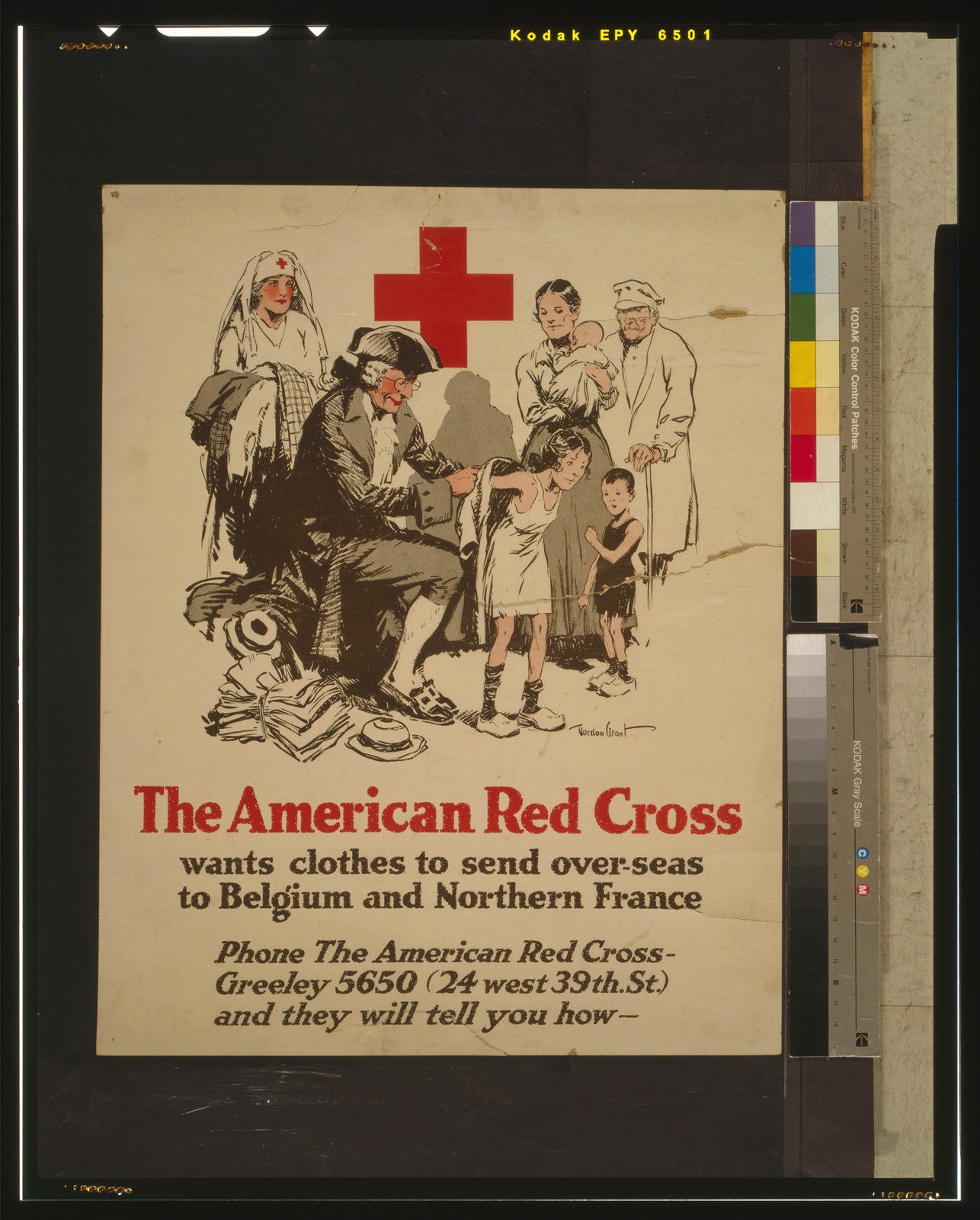 The American Red Cross wants clothes to send over-seas to Belgium and Northern France Phone the American Red Cross - Greeley 5650 (24 west 39th. St.) and they will tell you how / Gordon Grant., [between 1914 and 1918] — vintage poster