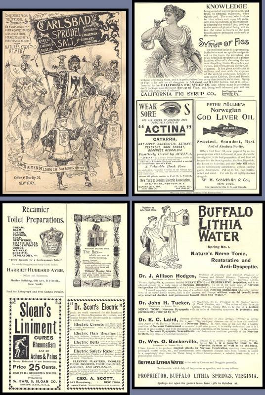 Collage of vintage medicine and toiletry newspaper advertisements — historic image