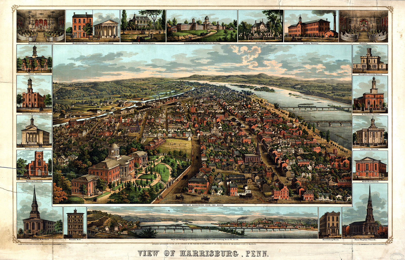 View of Harrisburg, Penn., 1855 — antique map