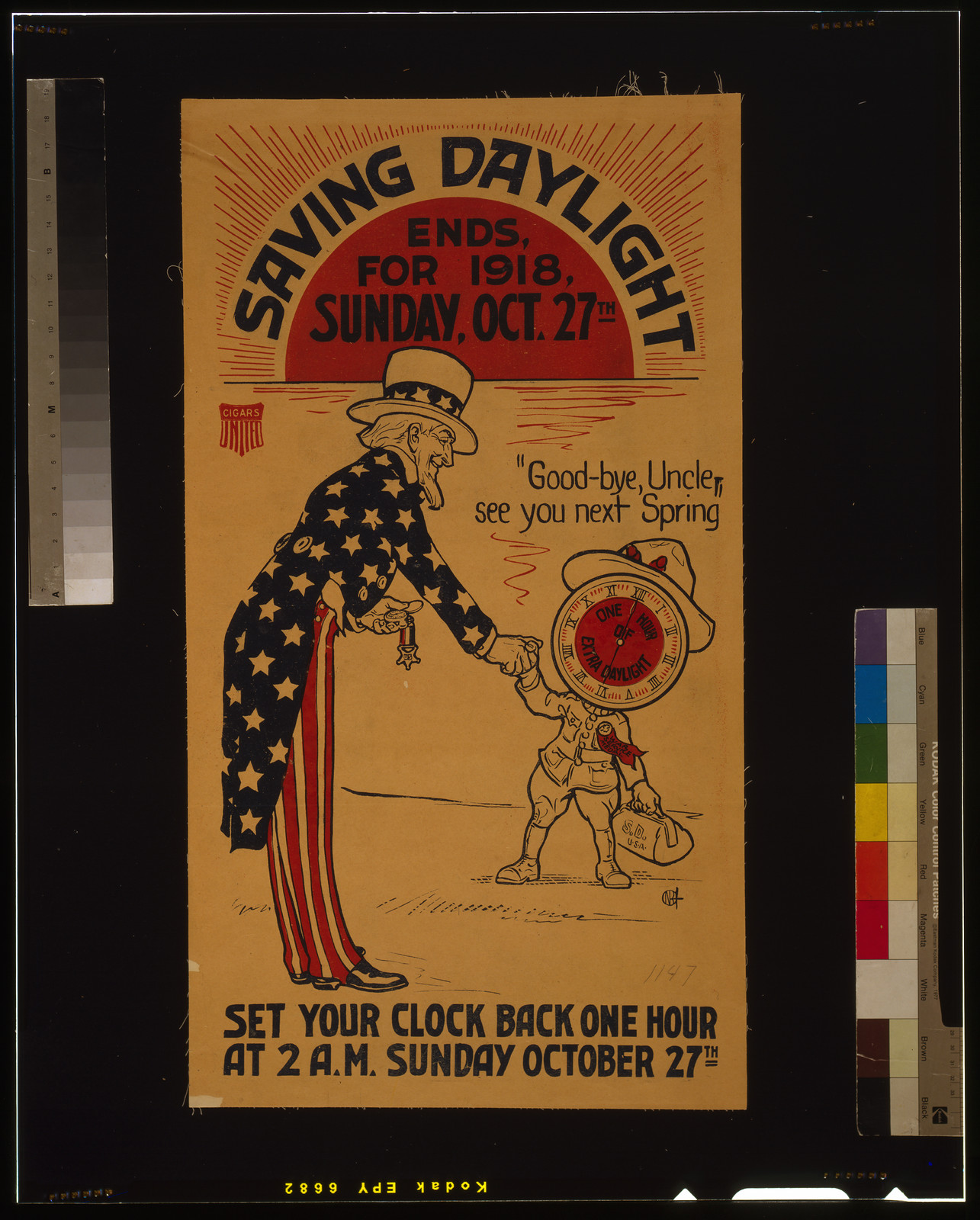 Saving daylight ends for 1918 Sunday Oct. 27th Set your clock back one hour at 2 A.M. Sunday October 27th., 1918 — vintage poster