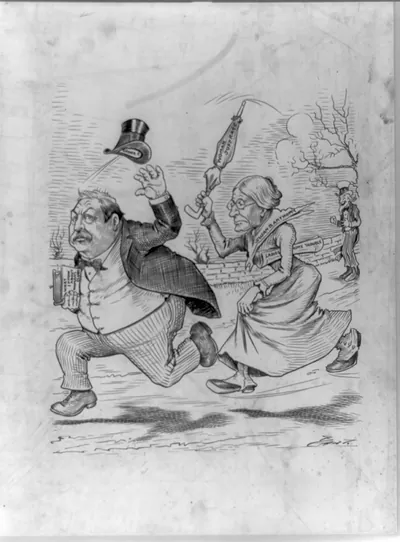 [Cartoon showing President Grover Cleveland, carrying book What I know about women's clubs being chased with an umbrella by Susan B. Anthony, as Uncle Sam laughs in background] / Barth.