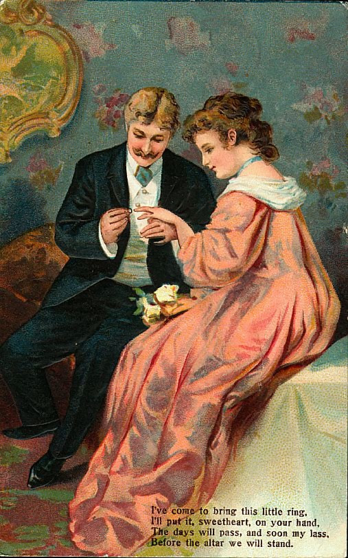 Victorian couple with ring and verse, Valentine postcard — vintage postcard