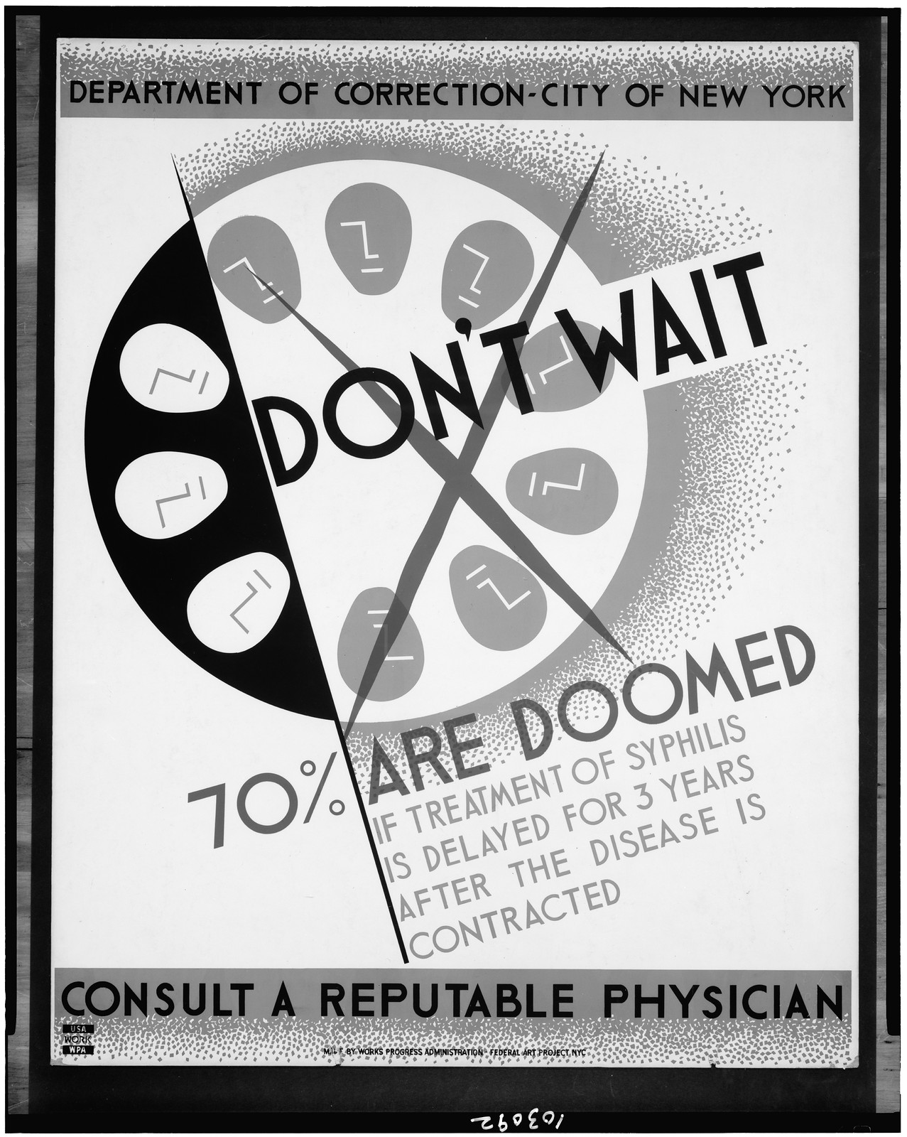 Dont wait - 70% are doomed if treatment of syphilis is delayed for 3 years after the, 1936 — vintage poster