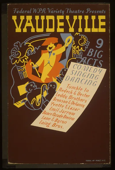Federal WPA Variety Theatre presents vaudeville 9 big acts (S) Comedy singing dancing.