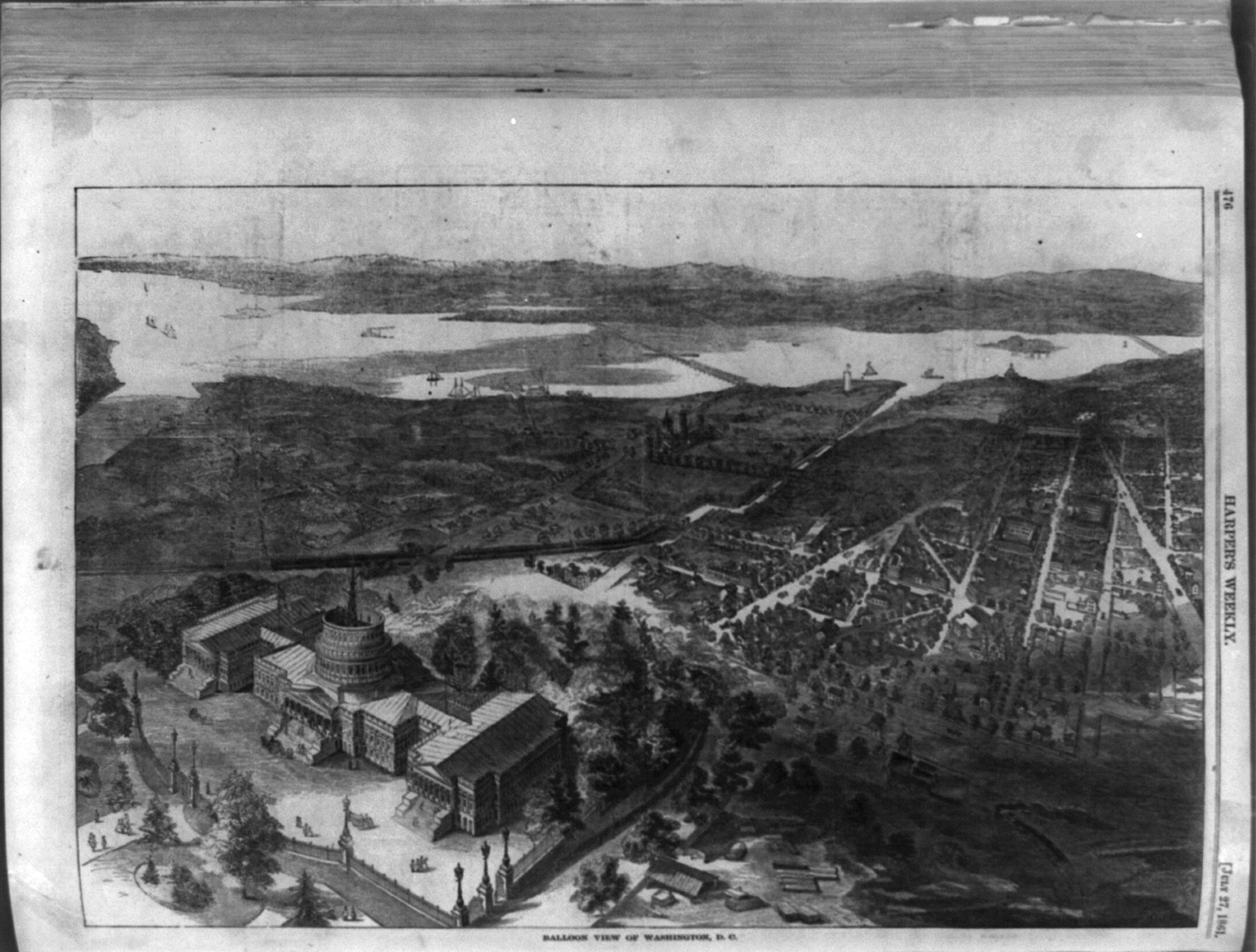 Balloon view of Washington, D.C., 1861 — antique engraving
