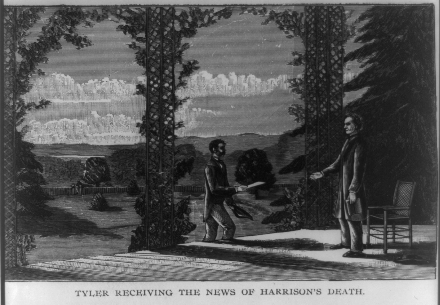 Tyler receiving the news of Harrison's death [April 5, 1841], 1888 — antique engraving
