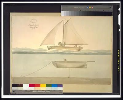Watercolor of sailing vessel above and submerged hull below
