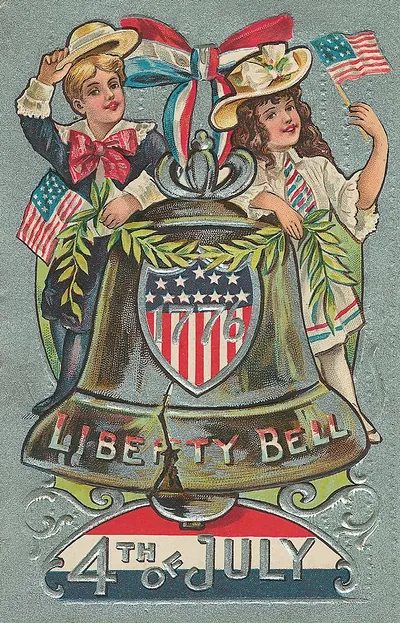 Liberty Bell 4th of July greeting card with two children and flags