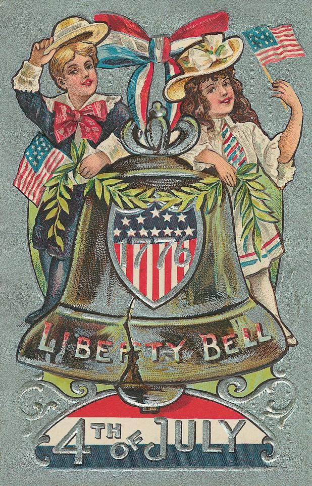 Liberty Bell 4th of July greeting card with two children and flags — historic image