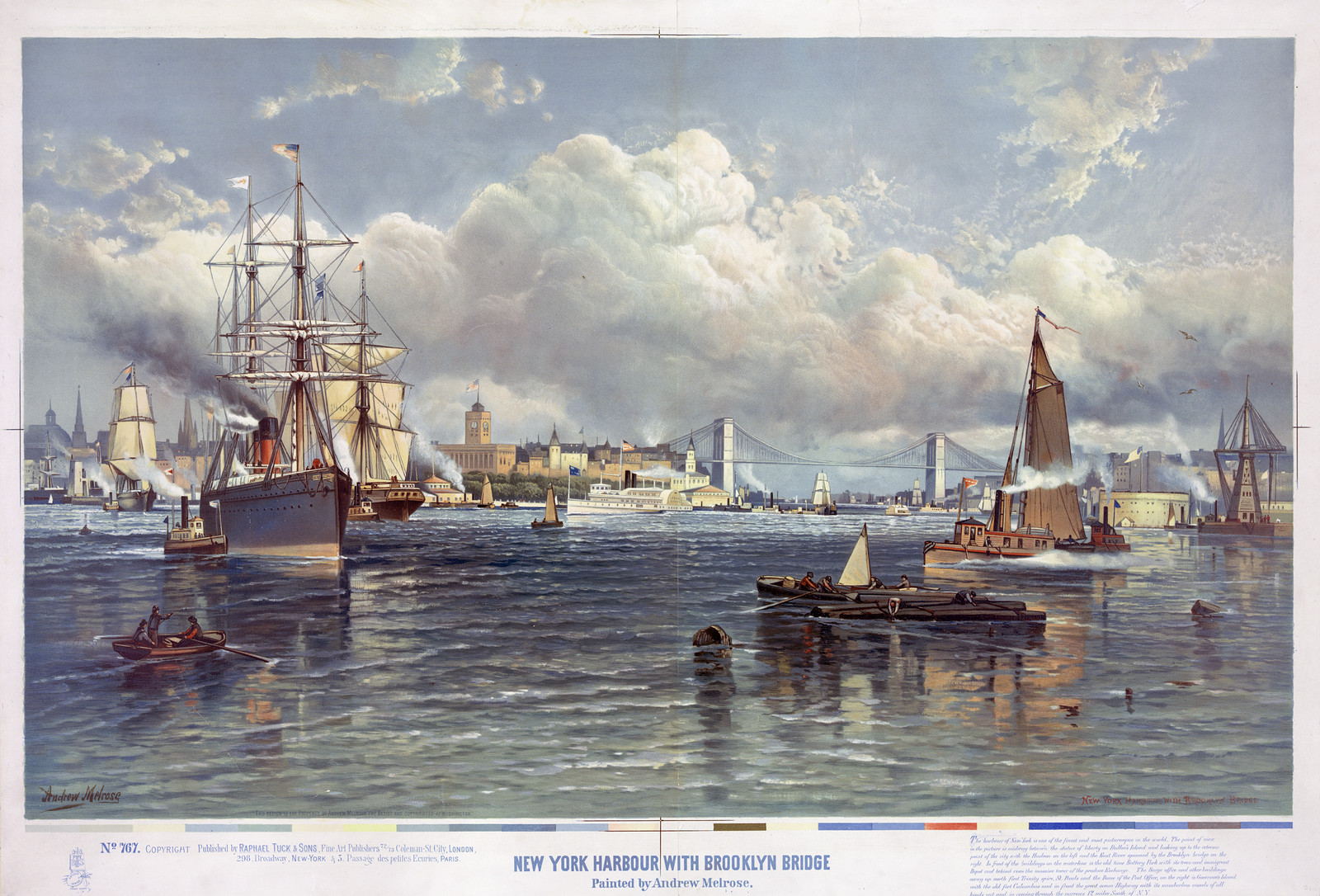 New York Harbor with Brooklyn Bridge — historic image