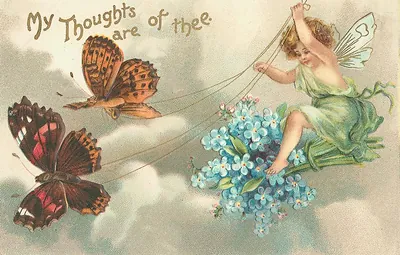 My Thoughts are of thee: fairy on forget-me-nots with butterflies