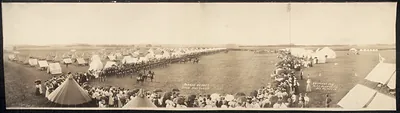 Infantry parade and camp tents, panoramic photograph
