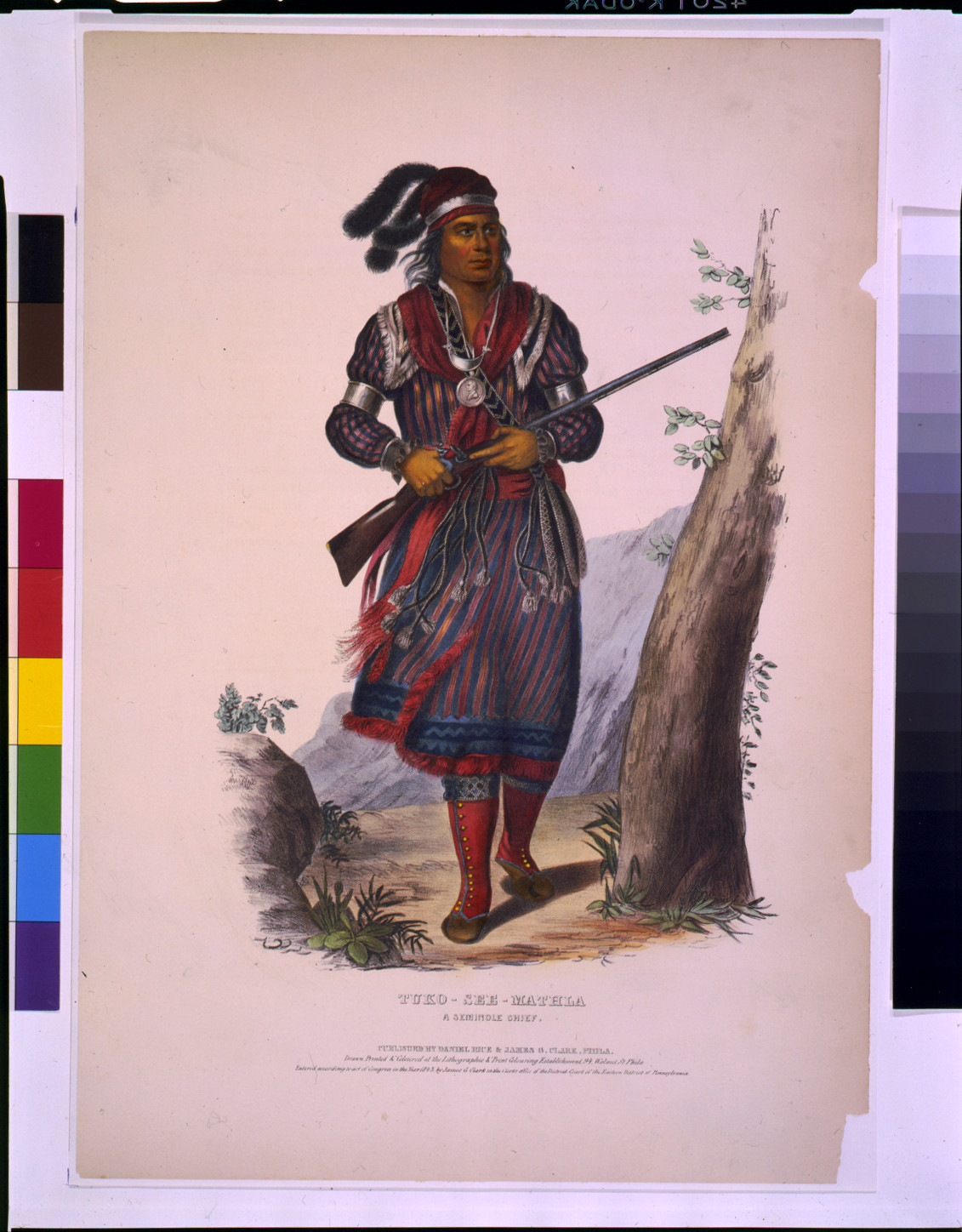 Tuko-See-Mathla, a Seminole chief / drawn, printed & coloured at the Lithographic & Print Colouring Establishment, Phila., Phila. : published by Daniel Rice & James G. Clark, 1843. — antique lithograph