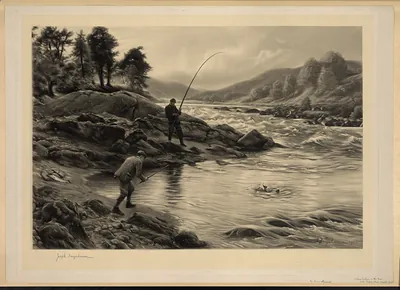 Two anglers fishing for salmon on a river