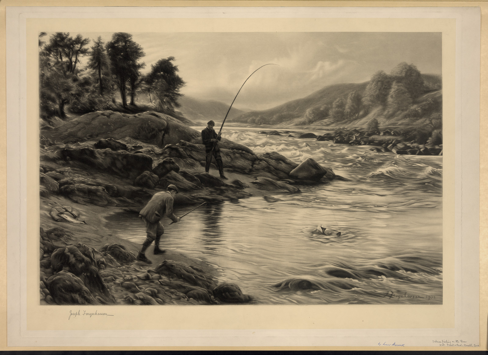 Two anglers fishing for salmon on a river — historic image